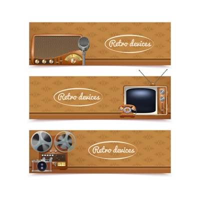 Retro devices banners set with vintage radio tv and photo camera isolated vector illustration