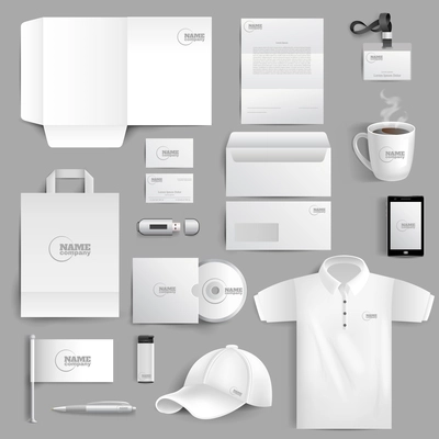 White corporate identity stationery set with realistic lighter cup and visit cards isolated vector illustration