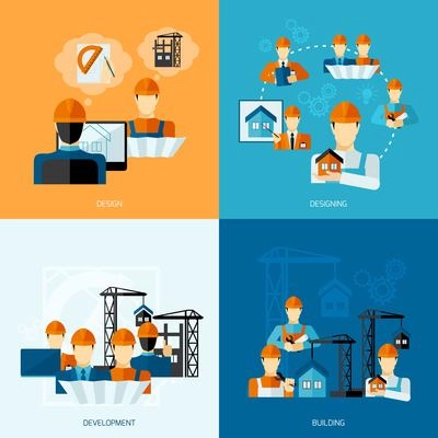 Engineer design concept set with development and building flat icons isolated vector illustration