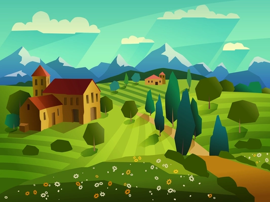 Summer landscape with house meadow with flowers trees and mountains on background vector illustration