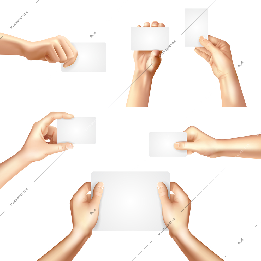 Hands holding white blank templates set for business identification cards samples promotion advertisement banner abstract vector illustration