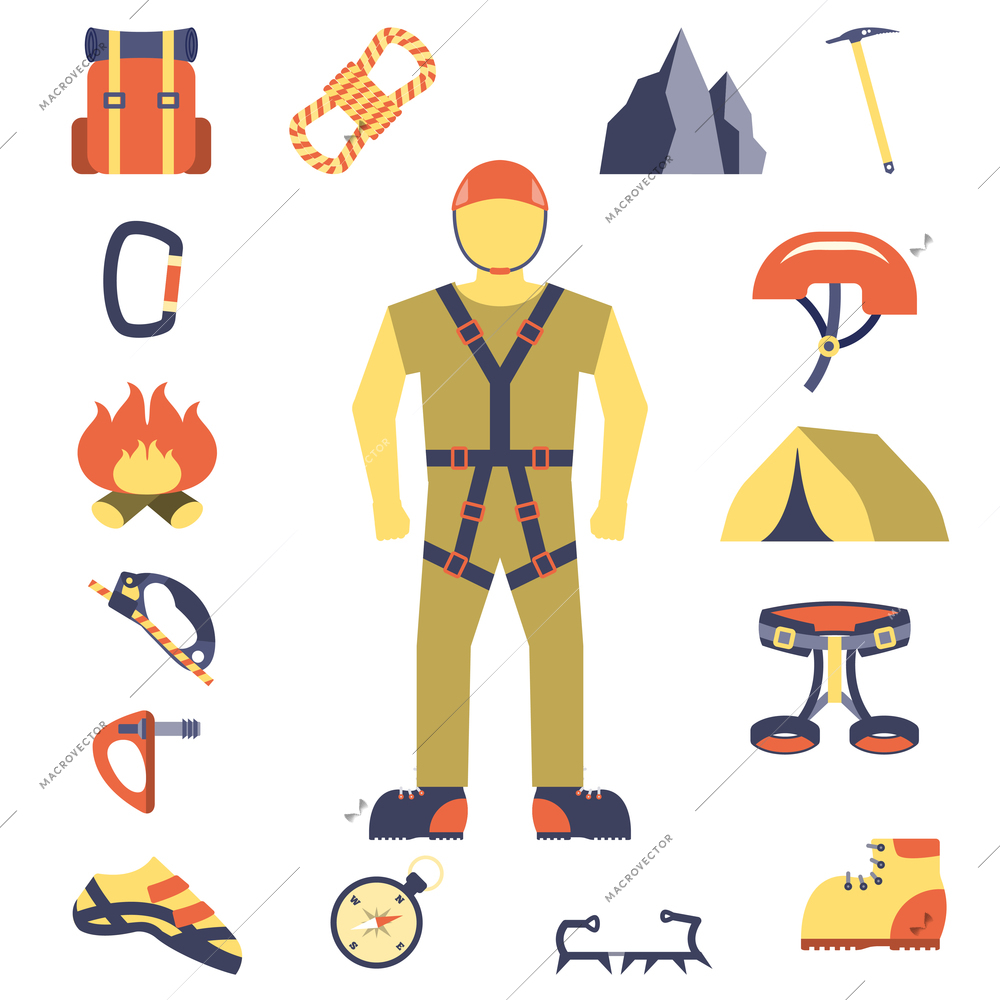 Mountain peaks climber tools and equipment flat icons composition poster with crampon shoes compass abstract vector illustration