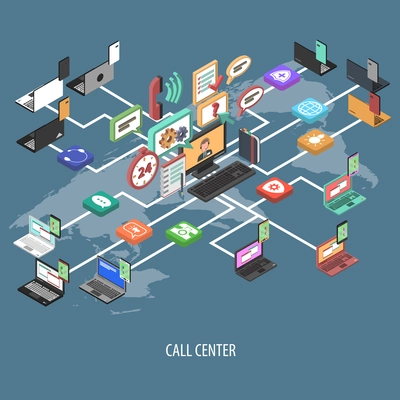 Support call center isometric flowchart concept with 3d communication buttons and world map vector illustration