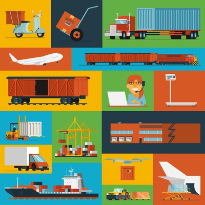 Freight transportation and delivery logistics flat icons set with  international operator complex service  abstract isolated vector illustration