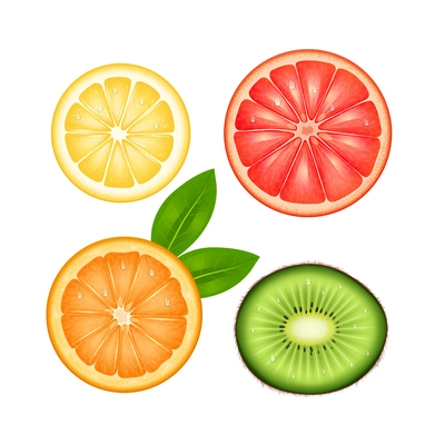 Sliced fruits top view set of lemon grapefruit orange and kiwi isolated vector illustration