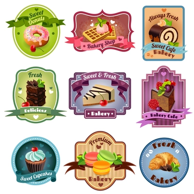 Premium quality bakery emblems set with sweets and pastry isolated vector illustration