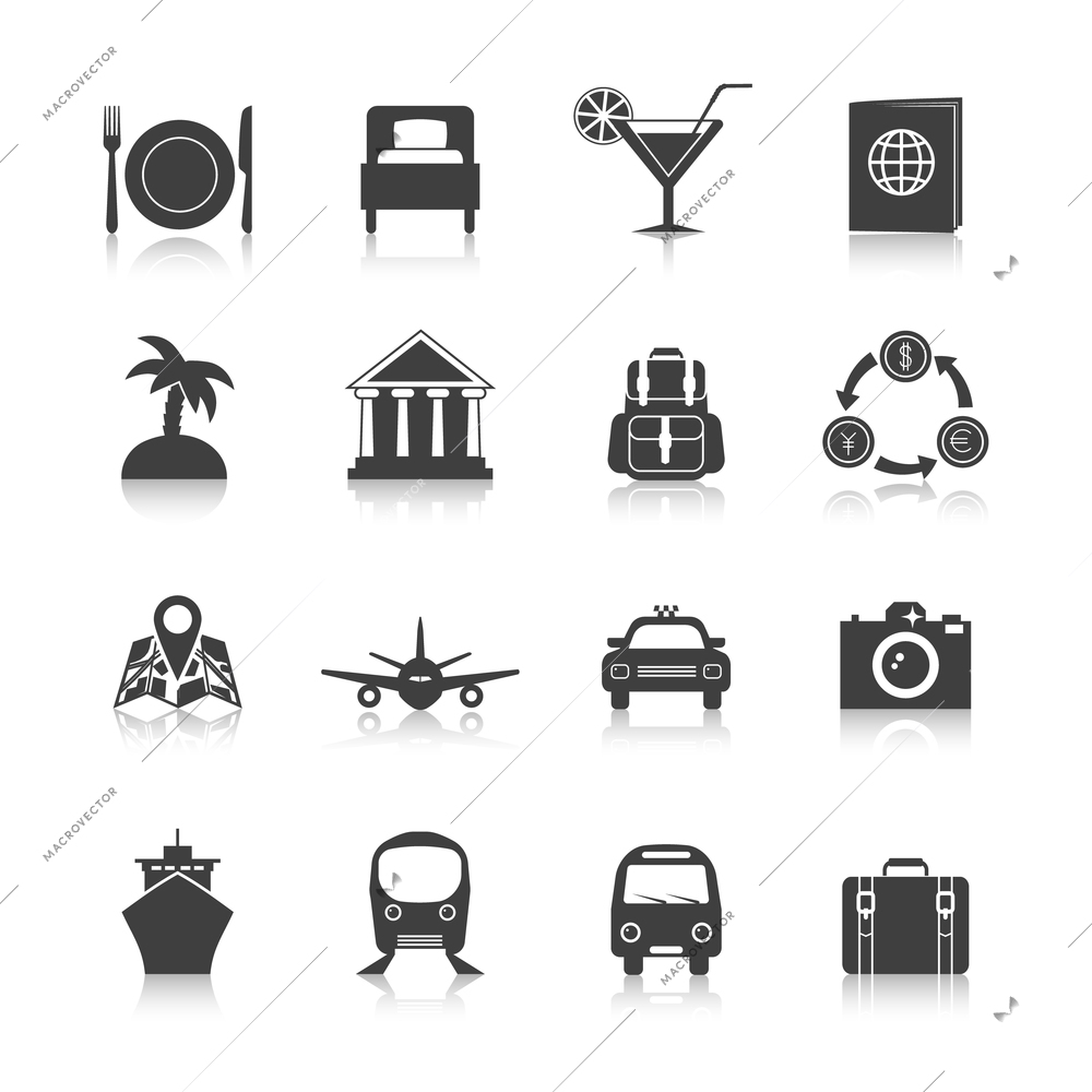 Travel icon set black with hotel room luggage airplane isolated vector illustration