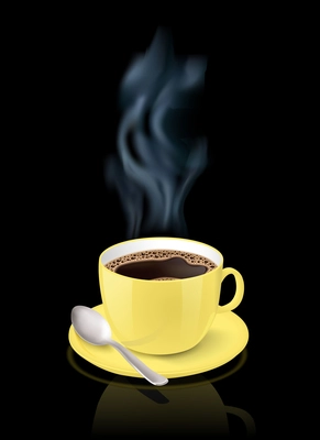 Realistic yellow cup filled with black classic espresso on black background vector illustration