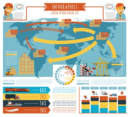 Worldwide  cargo  transportation and 24h delivery service logistic concept schemas infographic report poster abstract flat vector illustration