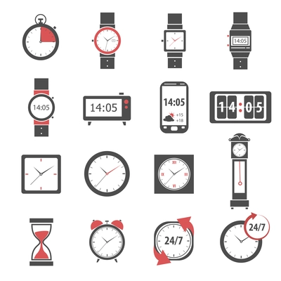 Time icon black set with digital and analog watch clock and stopwatch isolated vector illustration