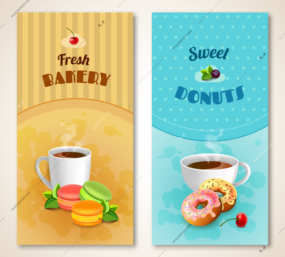 Bakery vertical paper banner set with sweet pastry and hot drinks isolated vector illustration