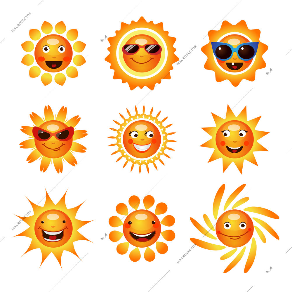 Sun smiley pictograms of happy smiling and laughing human faces in sunglasses collection abstract isolated vector illustration