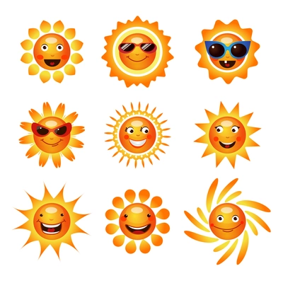 Sun smiley pictograms of happy smiling and laughing human faces in sunglasses collection abstract isolated vector illustration