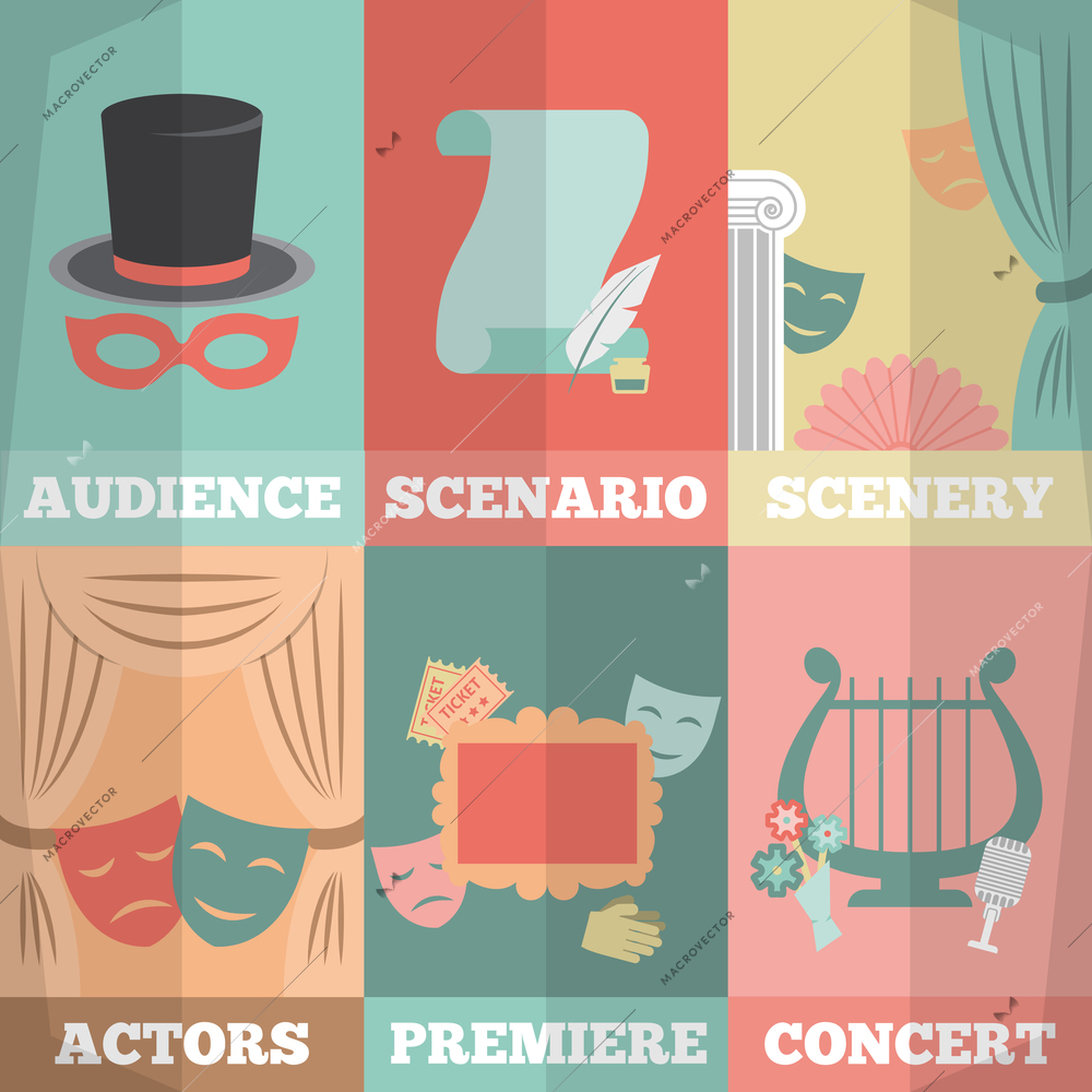 Theatre poster mini set with audience scenario scenery actors premiere concert isolated vector illustration