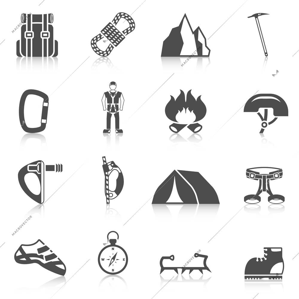 Alpinist cartoon character icon with climber harness tools compass and gear black pictograms composition abstract vector illustration