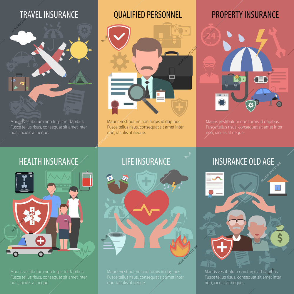 Insurance mini poster set with travel property old people health protection isolated vector illustration