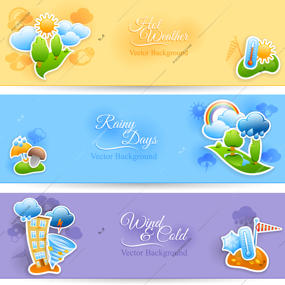 Hot rainy and cold windy days seasonal weather background flat horizontal banners set abstract  isolated vector illustration