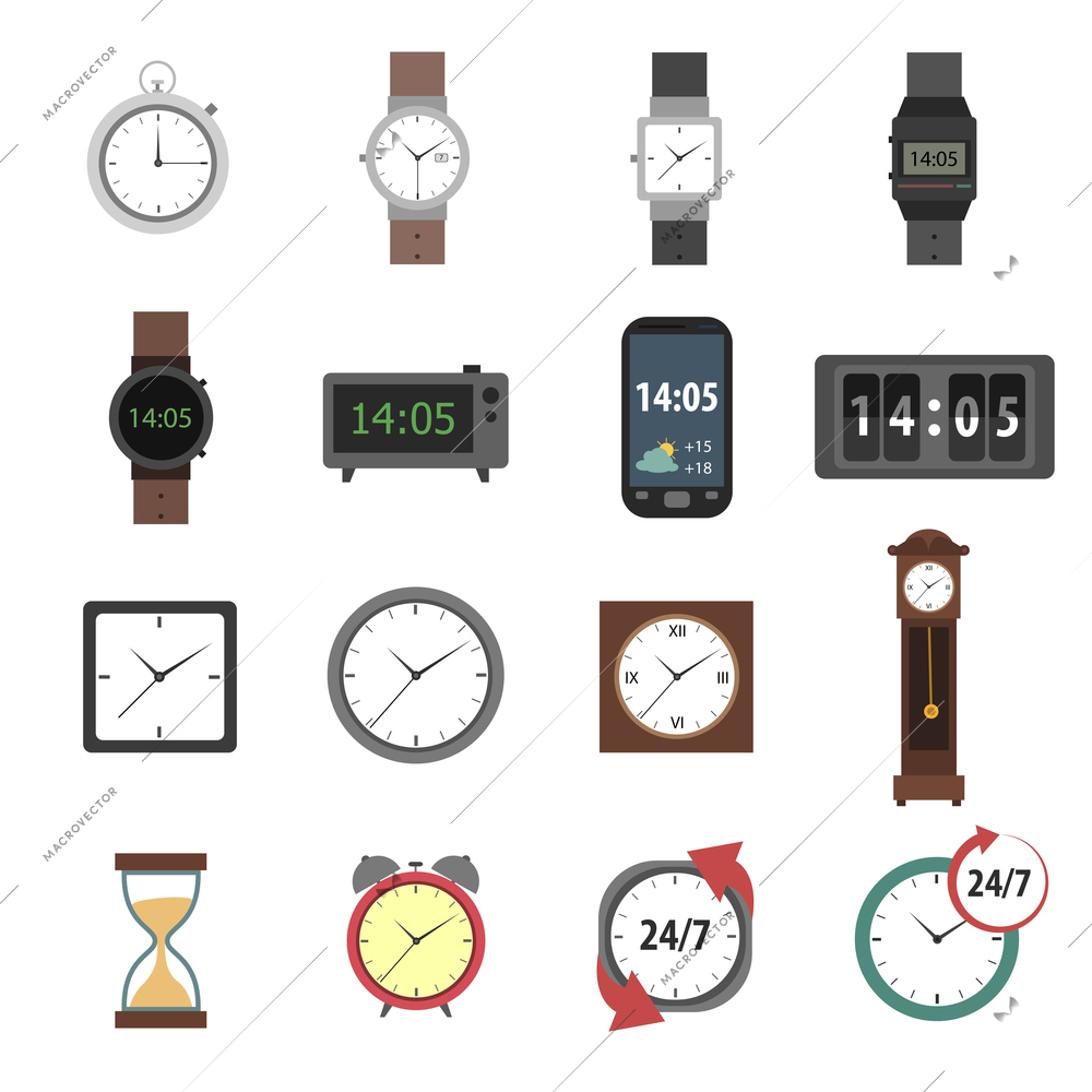 Time icons flat set with modern and classic watches clocks isolated vector illustration