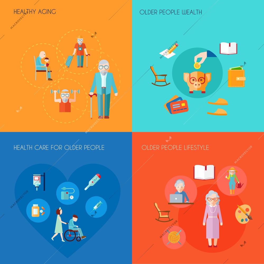 Senior lifestyle design concept set with healthy aging older people wealth old people health care flat icons isolated vector illustration