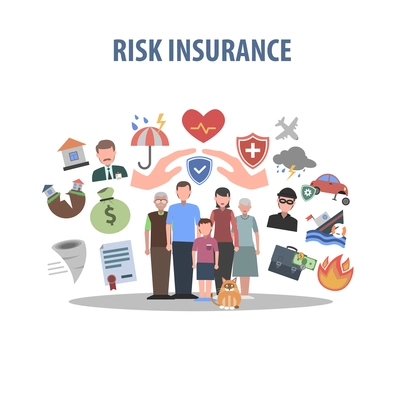 Insurance concept with human hands and accident protection symbols flat vector illustration