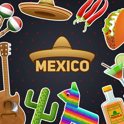 Mexican symbols and sombrero chili taco tequila poster vector illustration