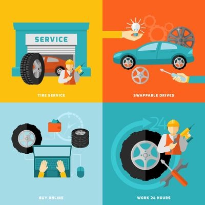 Tire service design concept with swappable drivers online buying 24 hours work flat icons isolated vector illustration