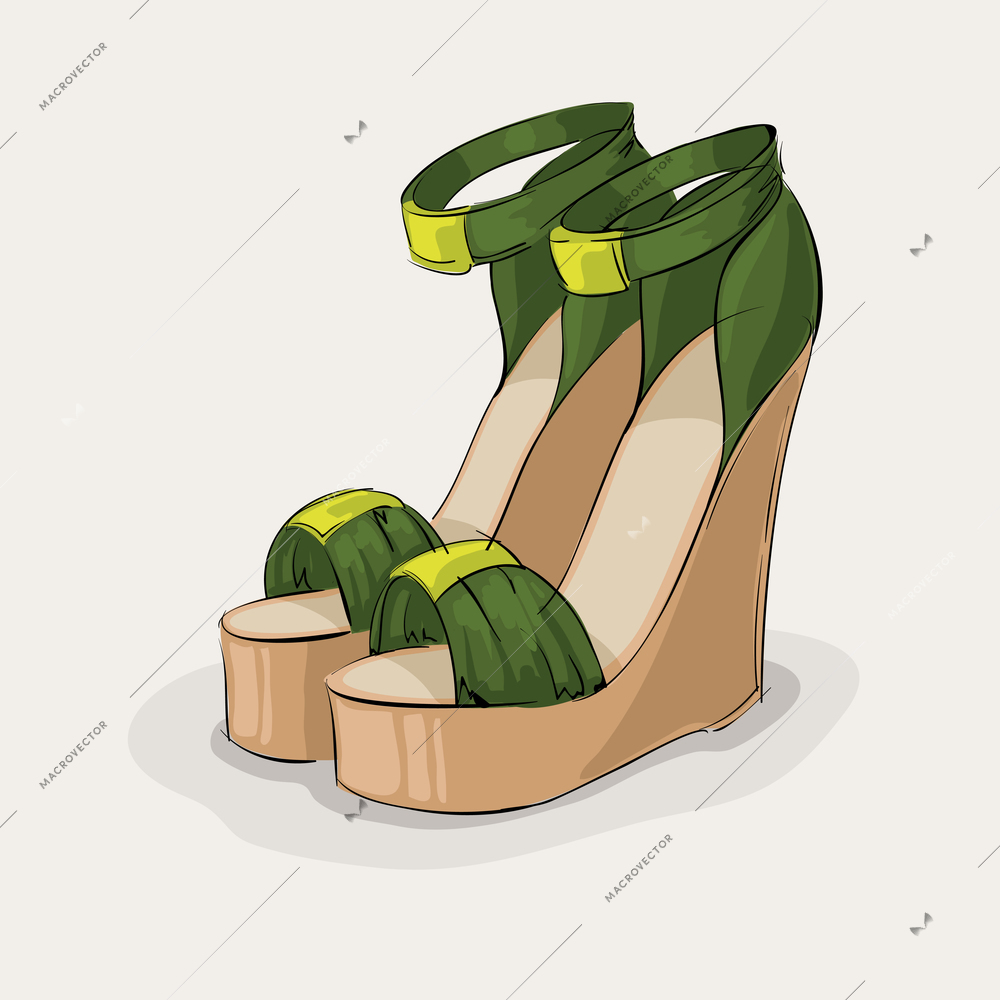 Luxury woman's green sandals with yellow buckles isolated vector illustration