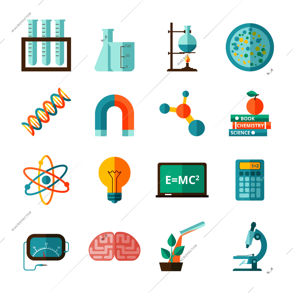 Bio chemistry experimental science laboratory research flat icons collection with microscope and retort abstract isolated vector illustration