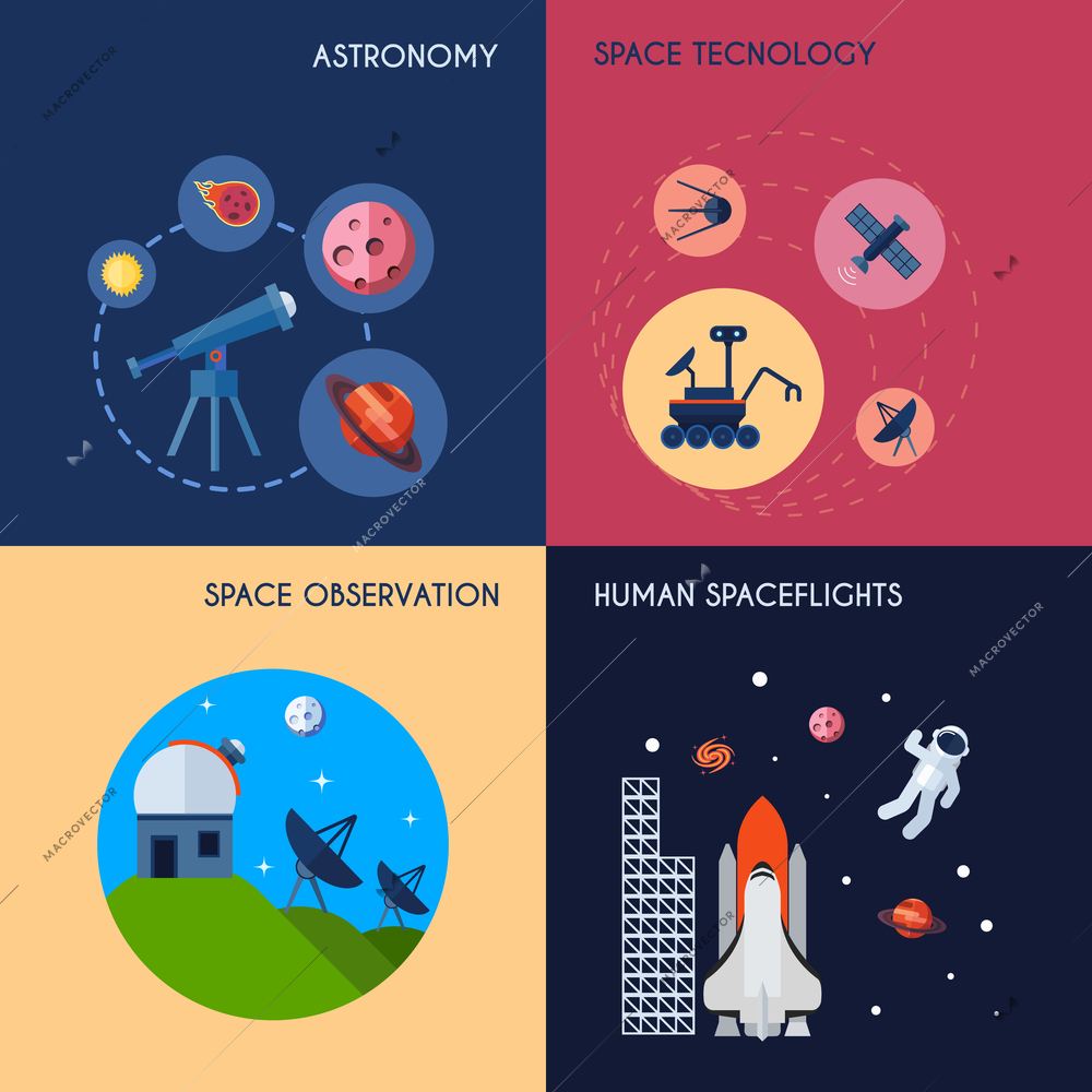 Space design concept set with astronomy technology and observation human spaceflights flat icons isolated vector illustration