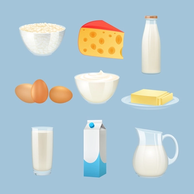 Milk products set with eggs cheese and cream isolated vector illustration