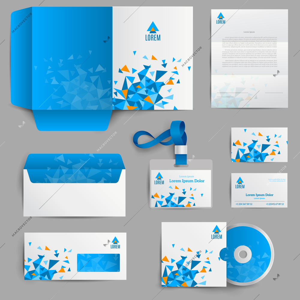 Corporate identity stationery in blue abstract design set isolated vector illustration