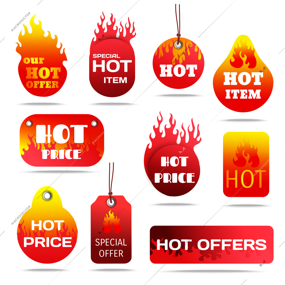 Hot sale and special offers with fire design labels set flat shadow isolated vector illustration