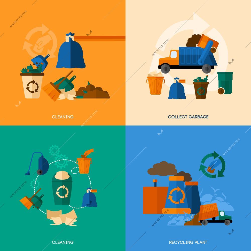 Garbage design concept set with cleaning collect and recycling plant flat icons isolated vector illustration