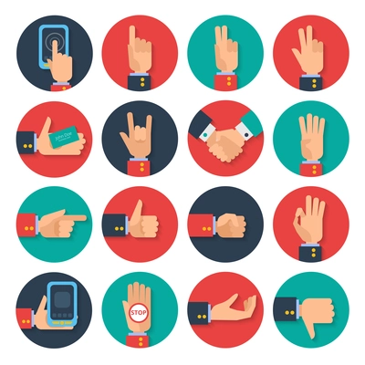 Body language hand gestures icons  tablet apps set for business card sharing symbols flat abstract vector illustration