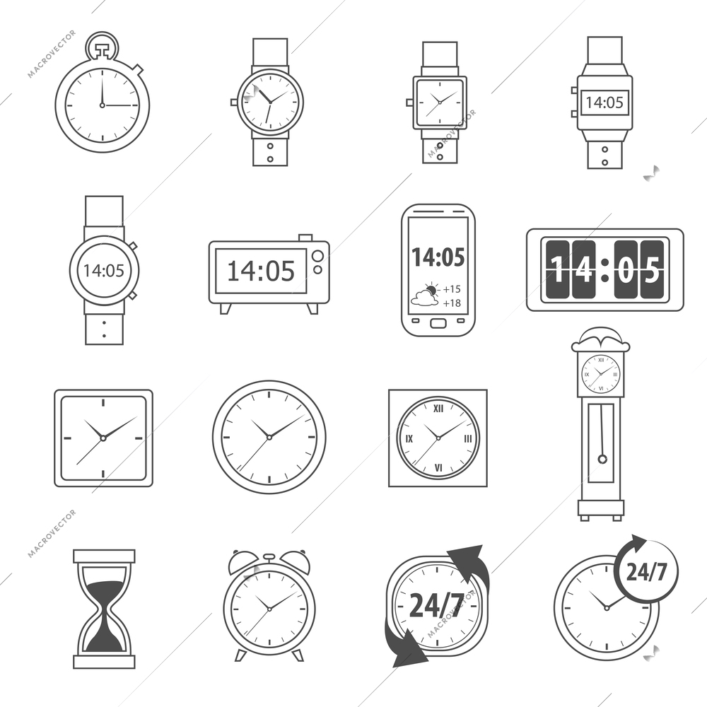 Time symbols and 24 hour service icons outline set isolated vector illustration