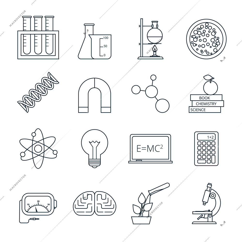 Biology chemistry experimental science lab research outlined icons set with molecule atom model abstract isolated vector illustration