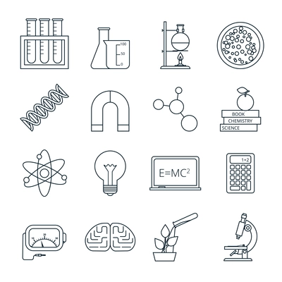 Biology chemistry experimental science lab research outlined icons set with molecule atom model abstract isolated vector illustration