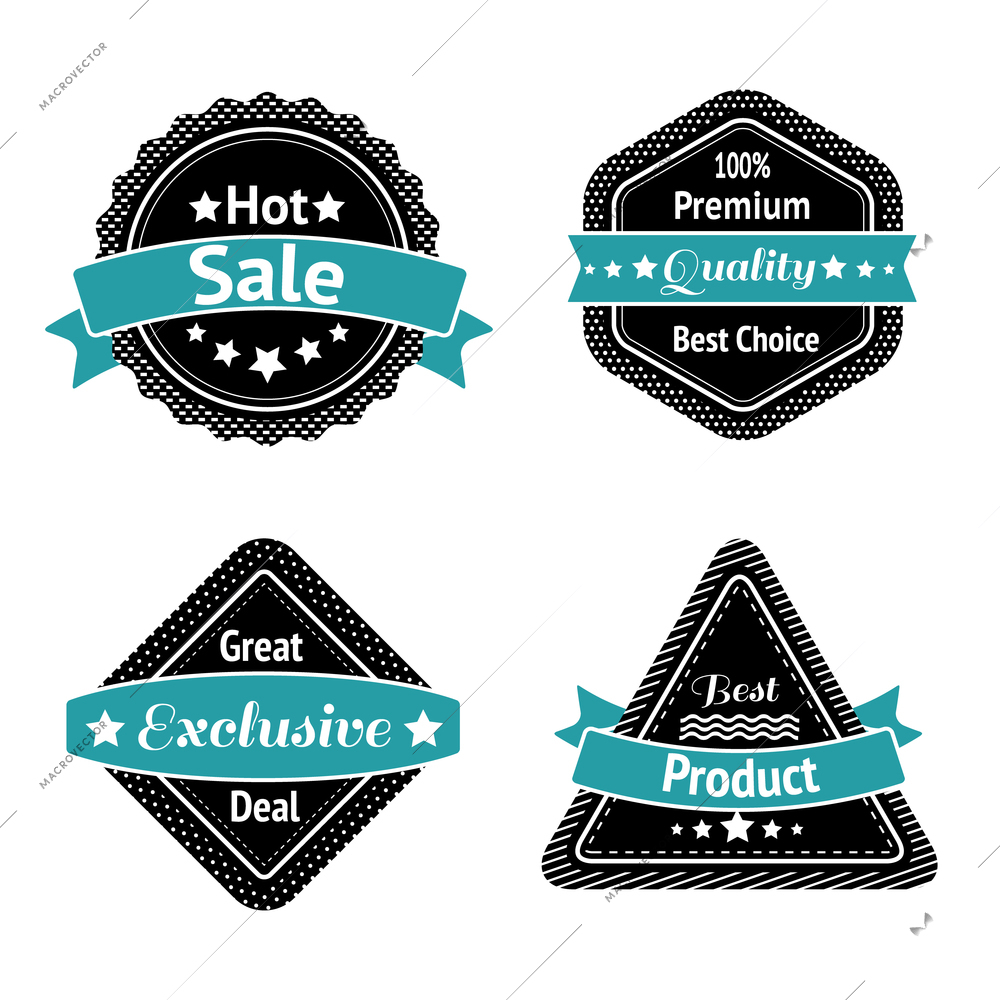 Collection of sale label stickers or tags for best price high quality and exclusive deal isolated vector illustration