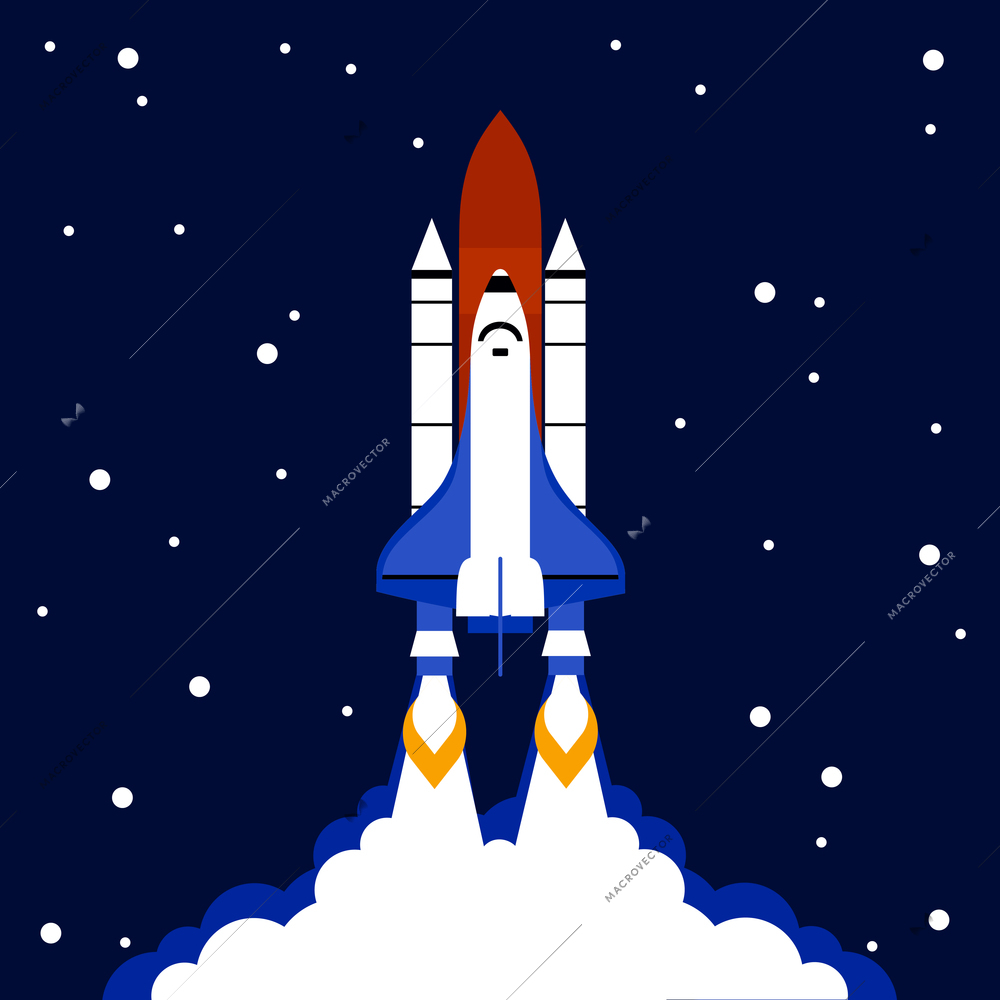 Launch concept with space rocket and stars on dark background flat vector illustration