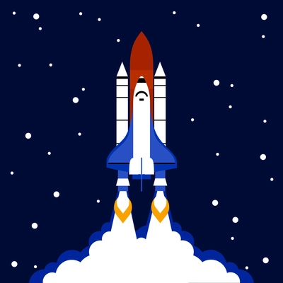 Launch concept with space rocket and stars on dark background flat vector illustration