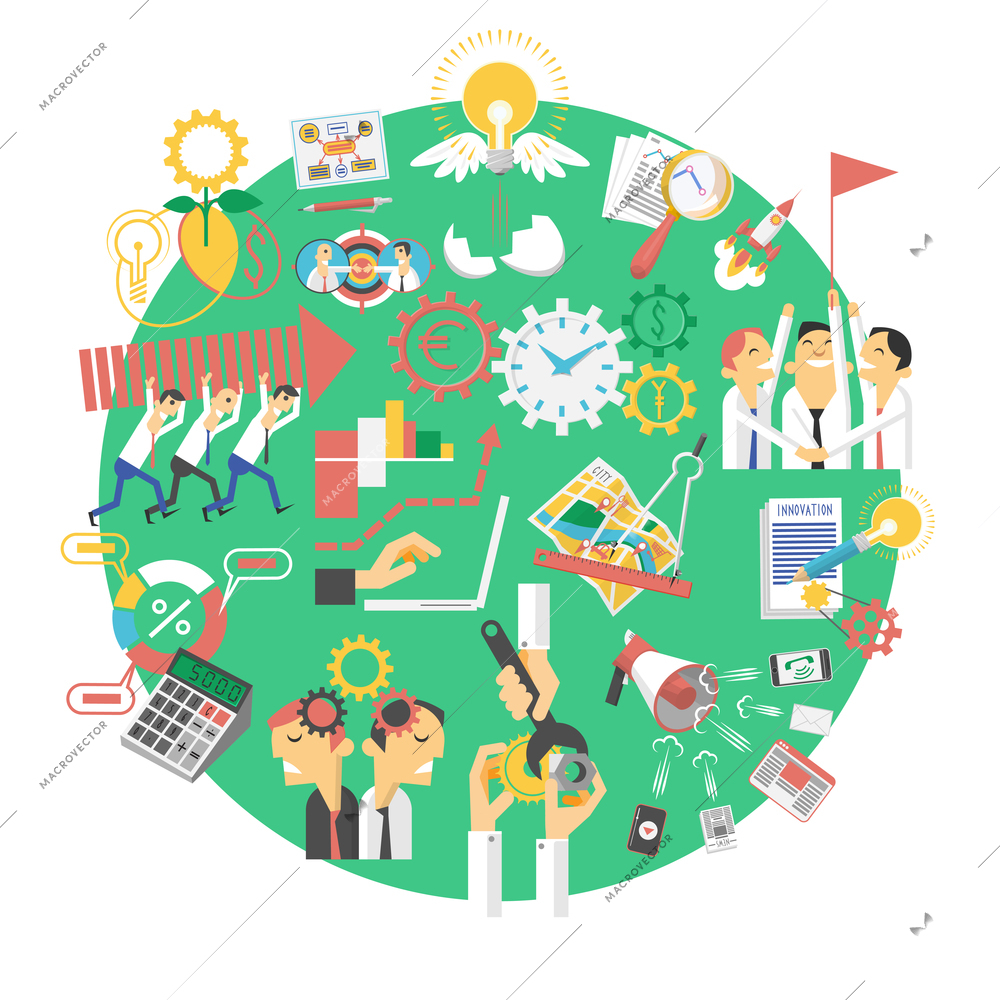 Global green energy saving innovations business companies strategy circle icon with cartoon characters poster abstract vector illustration