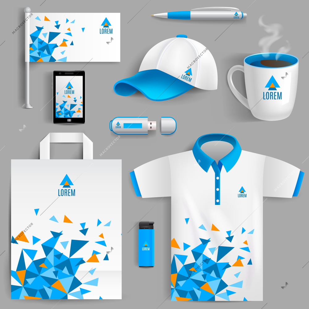 Corporate identity ad objects in blue abstract geometric design isolated vector illustration