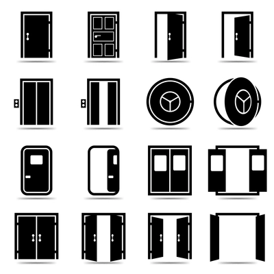 Open and closed doors icons set isolated vector illustration