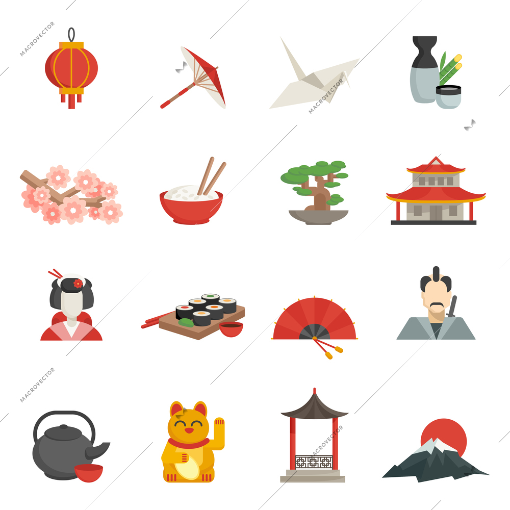 Japanese icons flat set with lantern umbrella crane isolated vector illustration