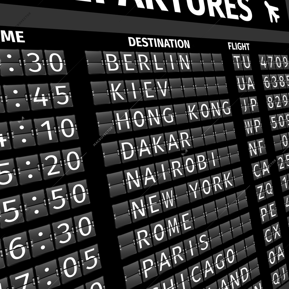 Airport electronic flip-flap board departure arrival and delay flight status information black digital display perspective vector illustration