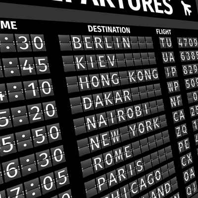 Airport electronic flip-flap board departure arrival and delay flight status information black digital display perspective vector illustration