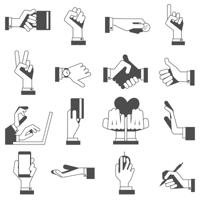 Hand gestures characters black icons collection with credit card and computer mouse symbols abstract vector isolated illustration