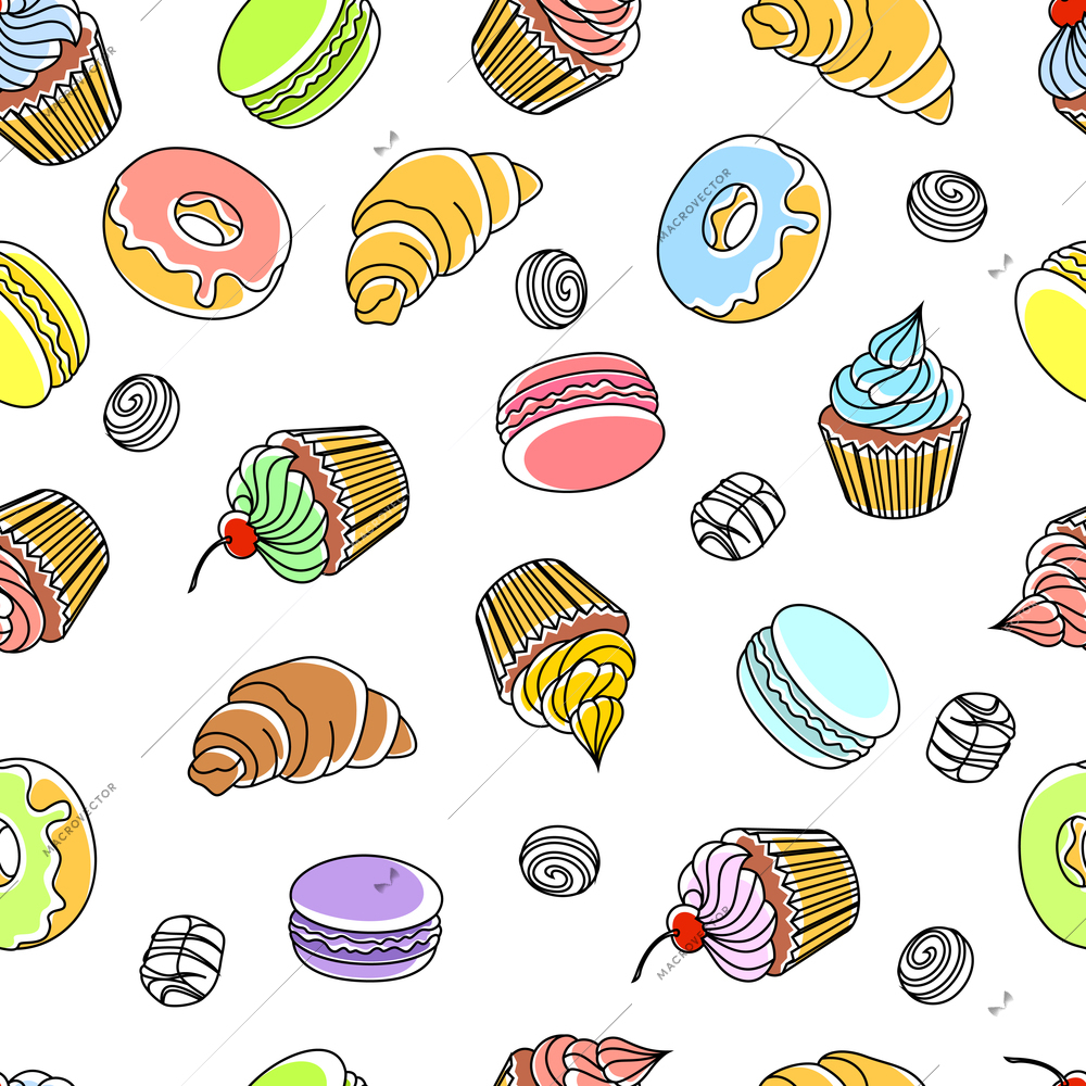 Cakes seamless pattern with donuts cupcakes and croissants vector illustration