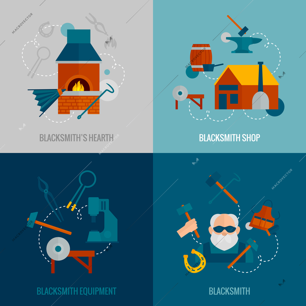 Blacksmith design concept set with hearth shop equipment flat icons isolated vector illustration