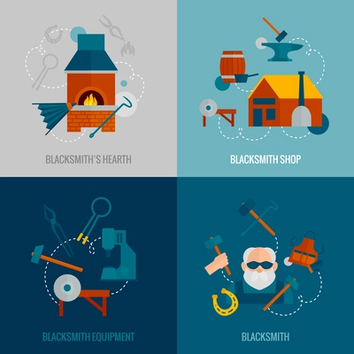 Blacksmith design concept set with hearth shop equipment flat icons isolated vector illustration